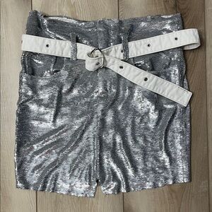 IRO sequins skirt With White Denim Belt Silver EU Size 38 NEW